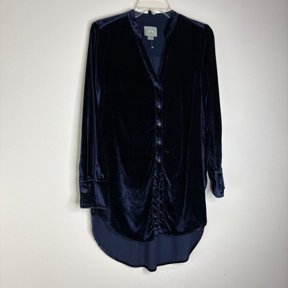 NWOT Anthropologie Maeve Navy Blue Velvet Tunic Blouse US 4 Button Front Top
